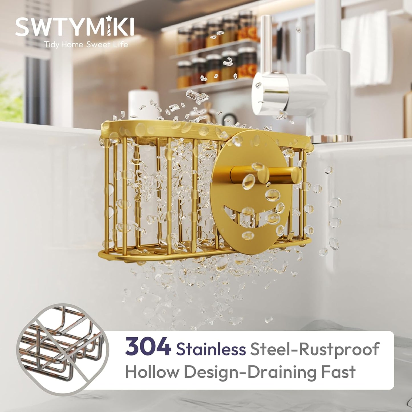 SWTYMIKI Sponge Holder for Kitchen Sink - Movable Kitchen Sink Caddy with M Shape Hook, Stainless Steel Hanging Sponges Caddy Organizer in Double Bowl Sinks Depth>3.15in, Middle Divider<1.5in, Black