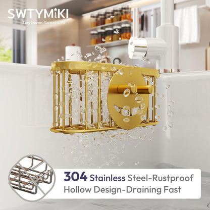 SWTYMIKI Sponge Holder for Kitchen Sink - Movable Kitchen Sink Caddy with M Shape Hook, Stainless Steel Hanging Sponges Caddy Organizer in Double Bowl Sinks Depth>3.15in, Middle Divider<1.5in, Black
