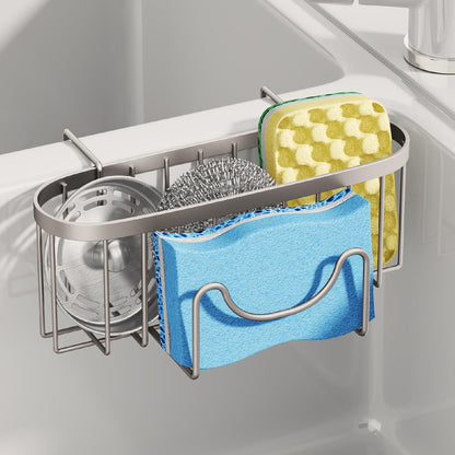 SWTYMIKI Sponge Holder for Kitchen Sink - Movable Kitchen Sink Caddy with M Shape Hook, Stainless Steel Hanging Sponges Caddy Organizer in Double Bowl Sinks Depth>3.15in, Middle Divider<1.5in, Black