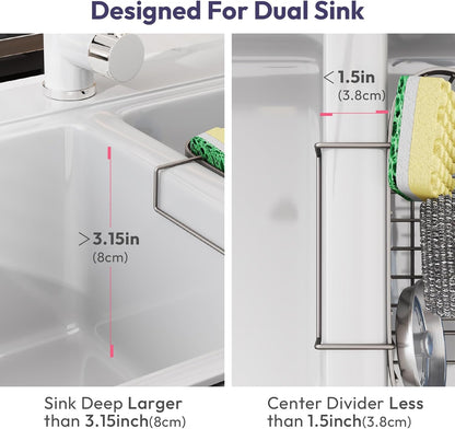 SWTYMIKI Sponge Holder for Kitchen Sink - Movable Kitchen Sink Caddy with M Shape Hook, Stainless Steel Hanging Sponges Caddy Organizer in Double Bowl Sinks Depth>3.15in, Middle Divider<1.5in, Black