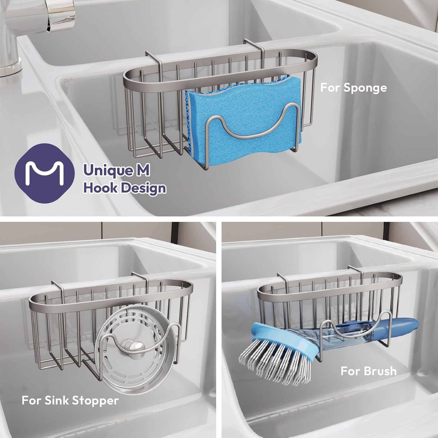 SWTYMIKI Sponge Holder for Kitchen Sink - Movable Kitchen Sink Caddy with M Shape Hook, Stainless Steel Hanging Sponges Caddy Organizer in Double Bowl Sinks Depth>3.15in, Middle Divider<1.5in, Black