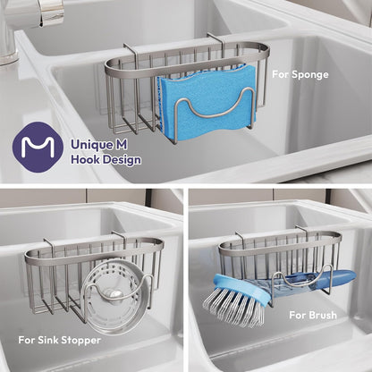 SWTYMIKI Sponge Holder for Kitchen Sink - Movable Kitchen Sink Caddy with M Shape Hook, Stainless Steel Hanging Sponges Caddy Organizer in Double Bowl Sinks Depth>3.15in, Middle Divider<1.5in, Black