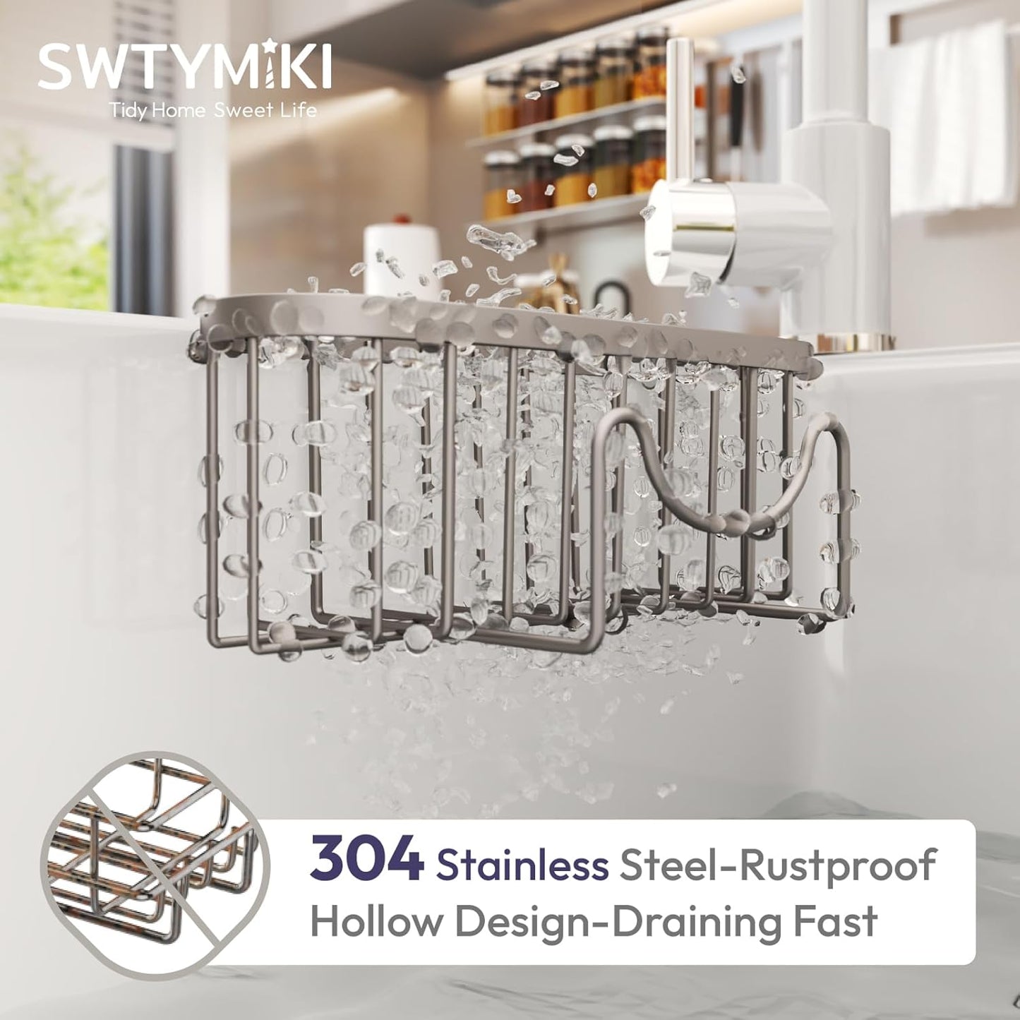 SWTYMIKI Sponge Holder for Kitchen Sink - Movable Kitchen Sink Caddy with M Shape Hook, Stainless Steel Hanging Sponges Caddy Organizer in Double Bowl Sinks Depth>3.15in, Middle Divider<1.5in, Black