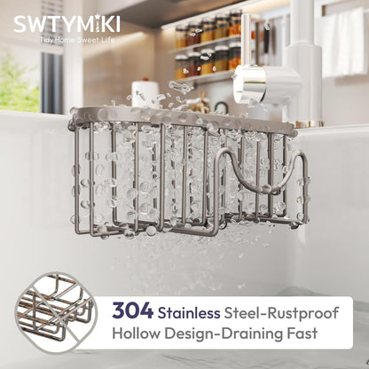 SWTYMIKI Sponge Holder for Kitchen Sink - Movable Kitchen Sink Caddy with M Shape Hook, Stainless Steel Hanging Sponges Caddy Organizer in Double Bowl Sinks Depth>3.15in, Middle Divider<1.5in, Black