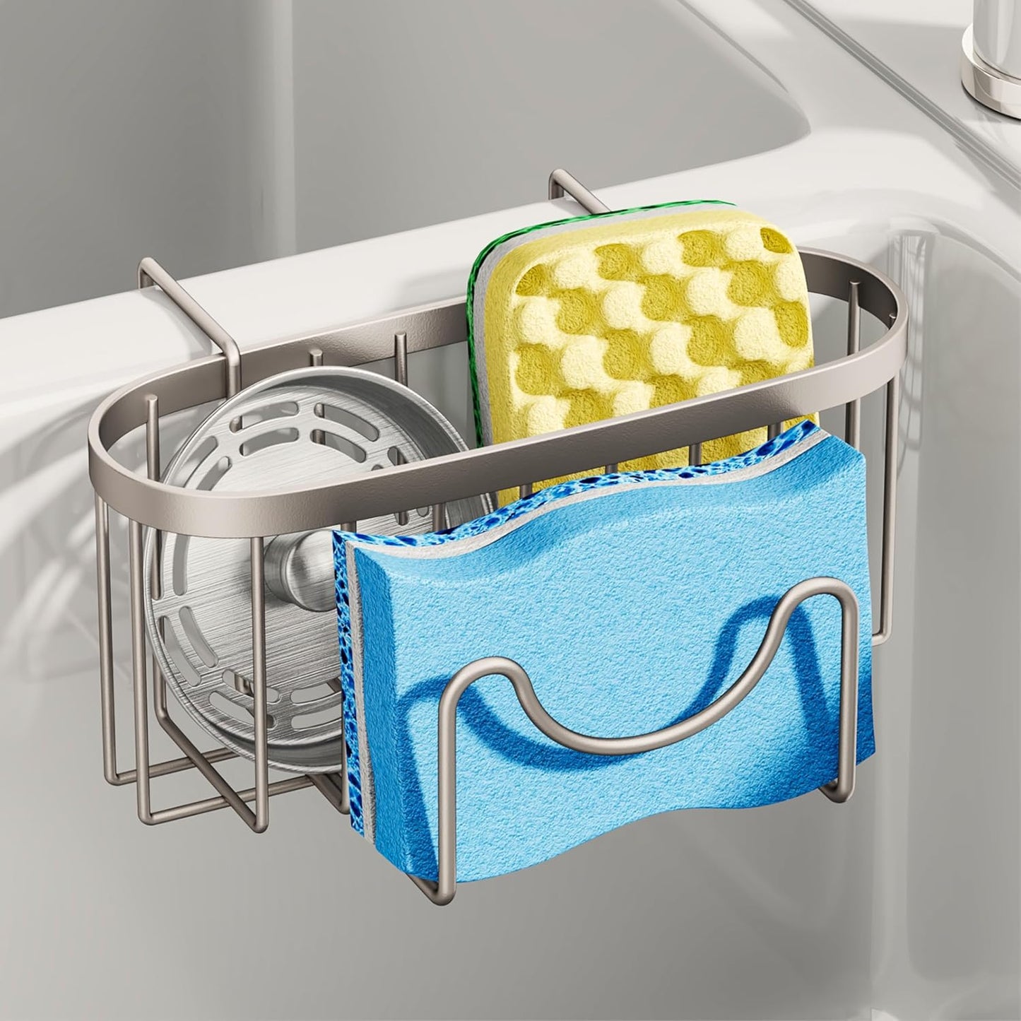 SWTYMIKI Sponge Holder for Kitchen Sink - Movable Kitchen Sink Caddy with M Shape Hook, Stainless Steel Hanging Sponges Caddy Organizer in Double Bowl Sinks Depth>3.15in, Middle Divider<1.5in, Black
