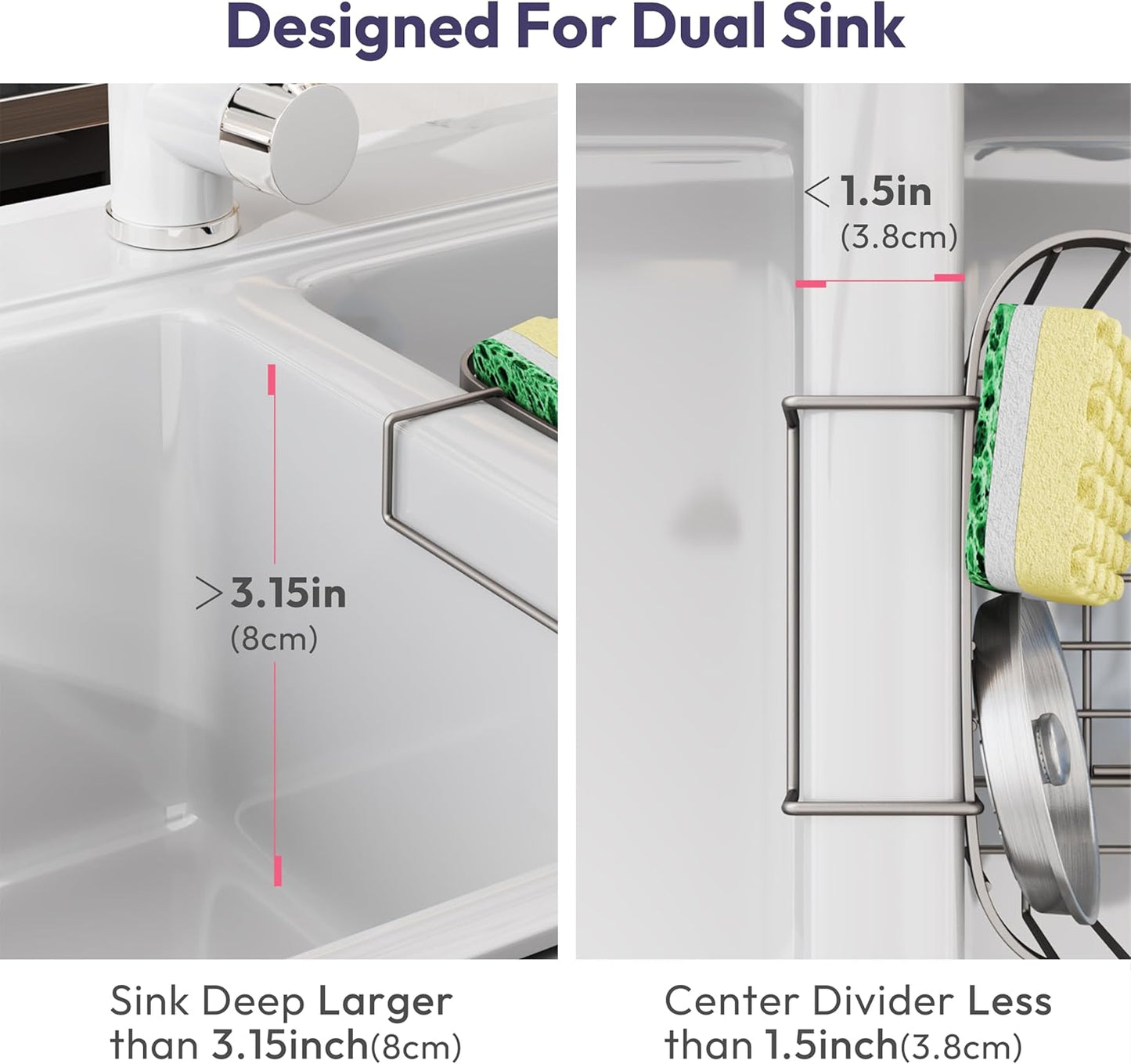 SWTYMIKI Sponge Holder for Kitchen Sink - Movable Kitchen Sink Caddy with M Shape Hook, Stainless Steel Hanging Sponges Caddy Organizer in Double Bowl Sinks Depth>3.15in, Middle Divider<1.5in, Black