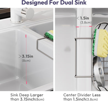 SWTYMIKI Sponge Holder for Kitchen Sink - Movable Kitchen Sink Caddy with M Shape Hook, Stainless Steel Hanging Sponges Caddy Organizer in Double Bowl Sinks Depth>3.15in, Middle Divider<1.5in, Black