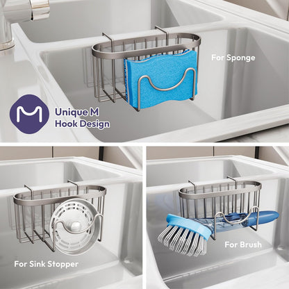 SWTYMIKI Sponge Holder for Kitchen Sink - Movable Kitchen Sink Caddy with M Shape Hook, Stainless Steel Hanging Sponges Caddy Organizer in Double Bowl Sinks Depth>3.15in, Middle Divider<1.5in, Black