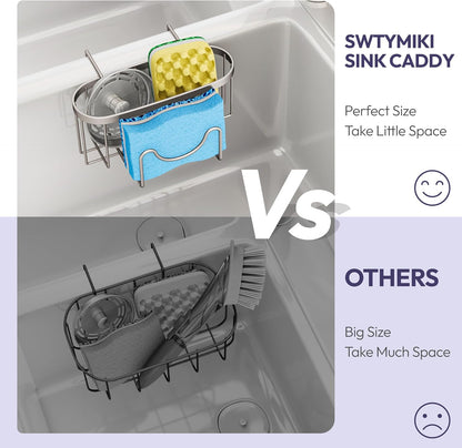 SWTYMIKI Sponge Holder for Kitchen Sink - Movable Kitchen Sink Caddy with M Shape Hook, Stainless Steel Hanging Sponges Caddy Organizer in Double Bowl Sinks Depth>3.15in, Middle Divider<1.5in, Black