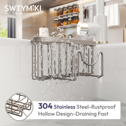 SWTYMIKI Sponge Holder for Kitchen Sink - Movable Kitchen Sink Caddy with M Shape Hook, Stainless Steel Hanging Sponges Caddy Organizer in Double Bowl Sinks Depth>3.15in, Middle Divider<1.5in, Black