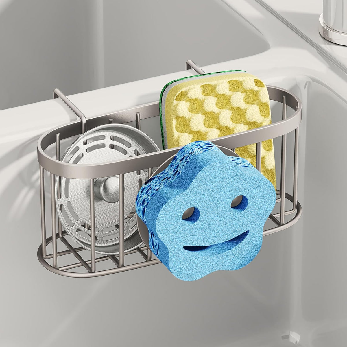 SWTYMIKI Sponge Holder for Kitchen Sink - Movable Kitchen Sink Caddy with M Shape Hook, Stainless Steel Hanging Sponges Caddy Organizer in Double Bowl Sinks Depth>3.15in, Middle Divider<1.5in, Black