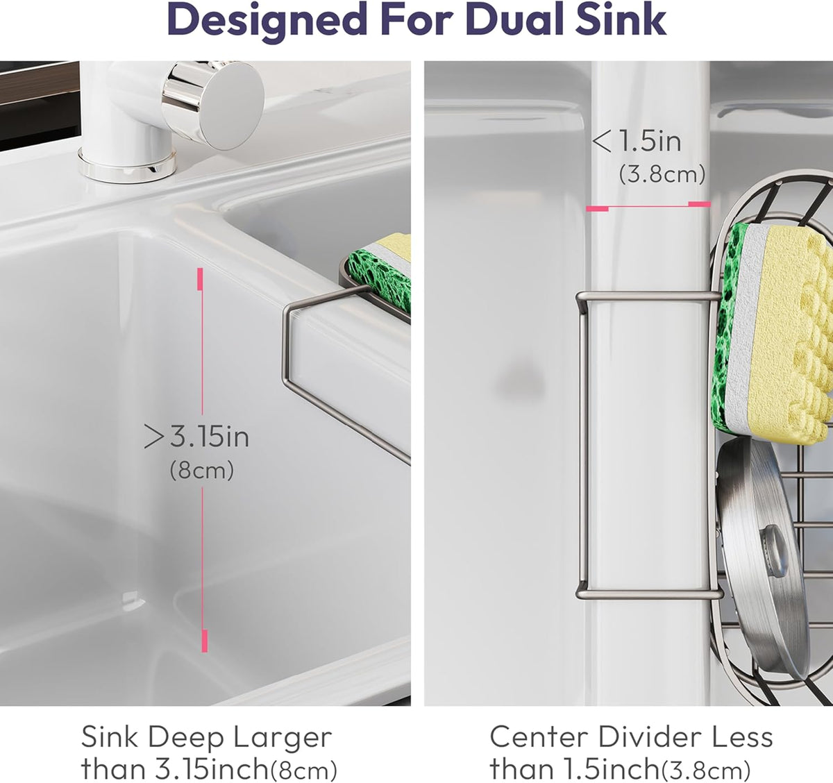 SWTYMIKI Sponge Holder for Kitchen Sink - Movable Kitchen Sink Caddy with M Shape Hook, Stainless Steel Hanging Sponges Caddy Organizer in Double Bowl Sinks Depth>3.15in, Middle Divider<1.5in, Black