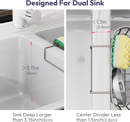 SWTYMIKI Sponge Holder for Kitchen Sink - Movable Kitchen Sink Caddy with M Shape Hook, Stainless Steel Hanging Sponges Caddy Organizer in Double Bowl Sinks Depth>3.15in, Middle Divider<1.5in, Black