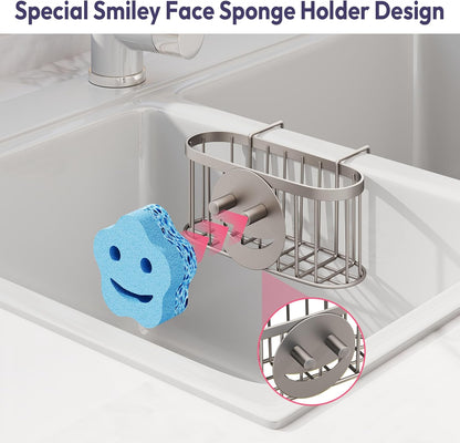 SWTYMIKI Sponge Holder for Kitchen Sink - Movable Kitchen Sink Caddy with M Shape Hook, Stainless Steel Hanging Sponges Caddy Organizer in Double Bowl Sinks Depth>3.15in, Middle Divider<1.5in, Black