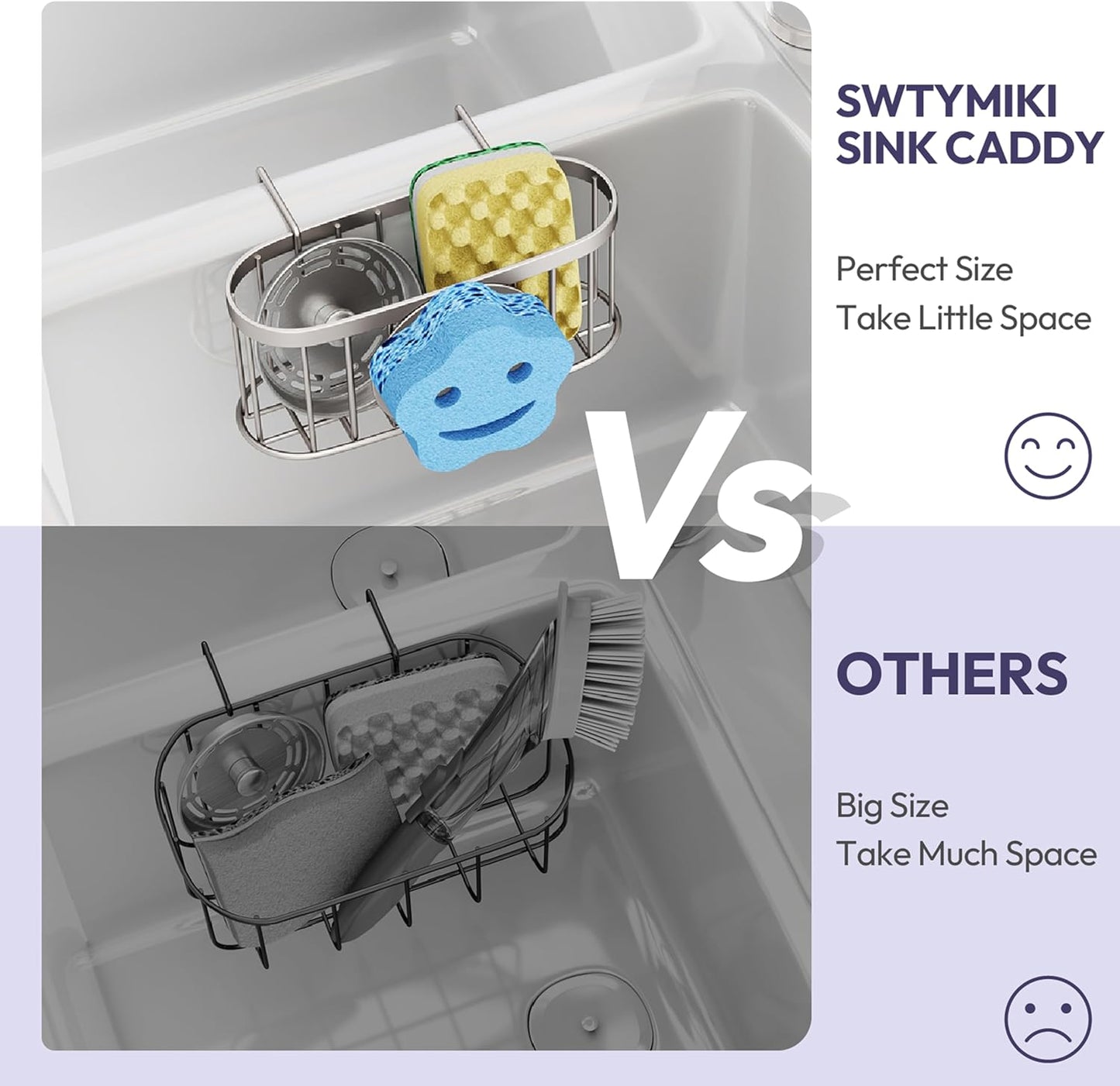 SWTYMIKI Sponge Holder for Kitchen Sink - Movable Kitchen Sink Caddy with M Shape Hook, Stainless Steel Hanging Sponges Caddy Organizer in Double Bowl Sinks Depth>3.15in, Middle Divider<1.5in, Black