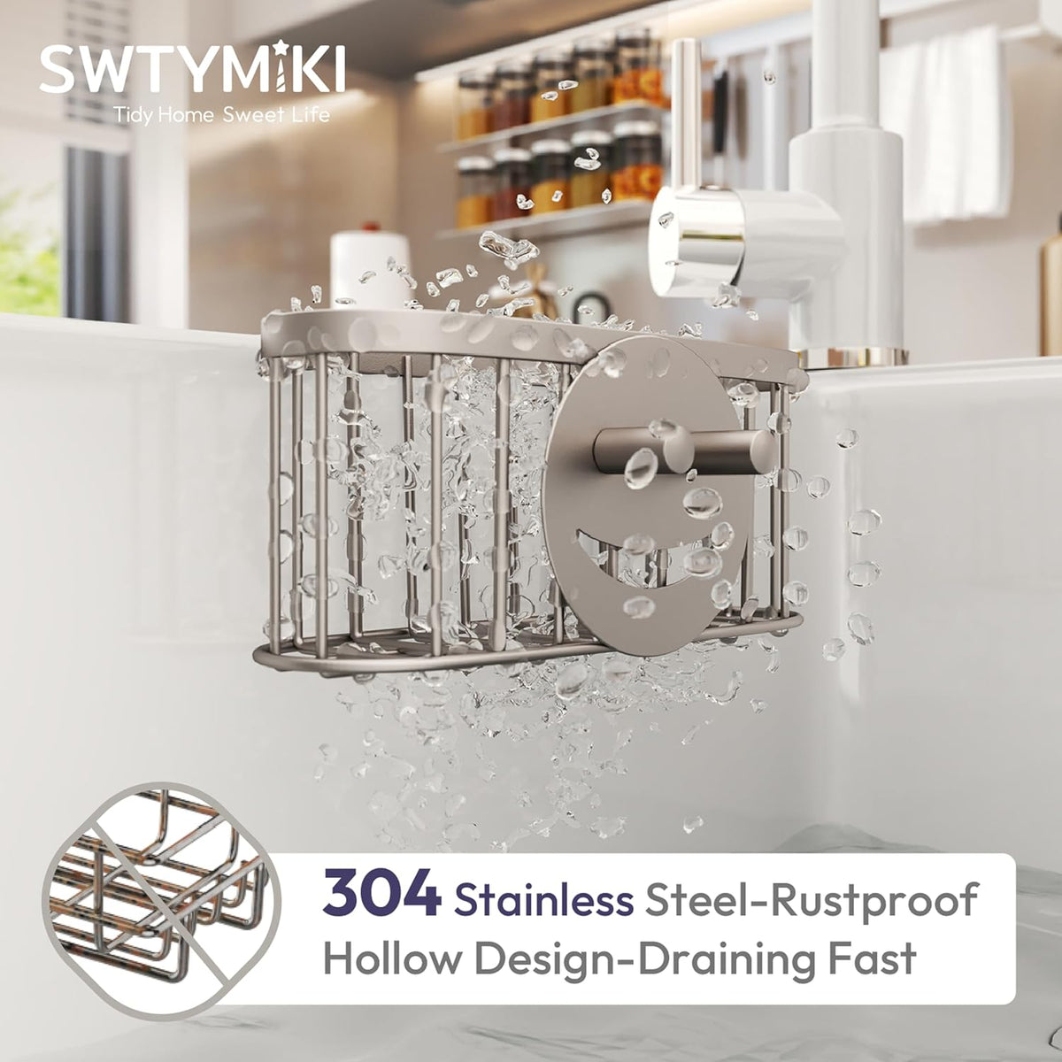 SWTYMIKI Sponge Holder for Kitchen Sink - Movable Kitchen Sink Caddy with M Shape Hook, Stainless Steel Hanging Sponges Caddy Organizer in Double Bowl Sinks Depth>3.15in, Middle Divider<1.5in, Black