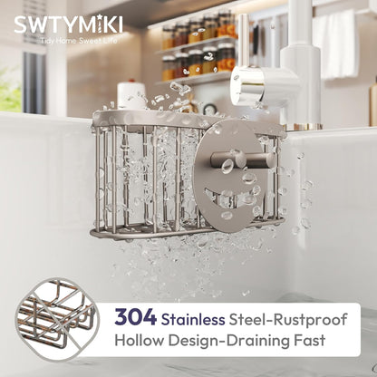 SWTYMIKI Sponge Holder for Kitchen Sink - Movable Kitchen Sink Caddy with M Shape Hook, Stainless Steel Hanging Sponges Caddy Organizer in Double Bowl Sinks Depth>3.15in, Middle Divider<1.5in, Black