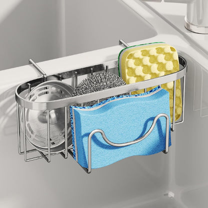 SWTYMIKI Sponge Holder for Kitchen Sink - Movable Kitchen Sink Caddy with M Shape Hook, Stainless Steel Hanging Sponges Caddy Organizer in Double Bowl Sinks Depth>3.15in, Middle Divider<1.5in, Black