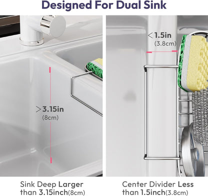 SWTYMIKI Sponge Holder for Kitchen Sink - Movable Kitchen Sink Caddy with M Shape Hook, Stainless Steel Hanging Sponges Caddy Organizer in Double Bowl Sinks Depth>3.15in, Middle Divider<1.5in, Black