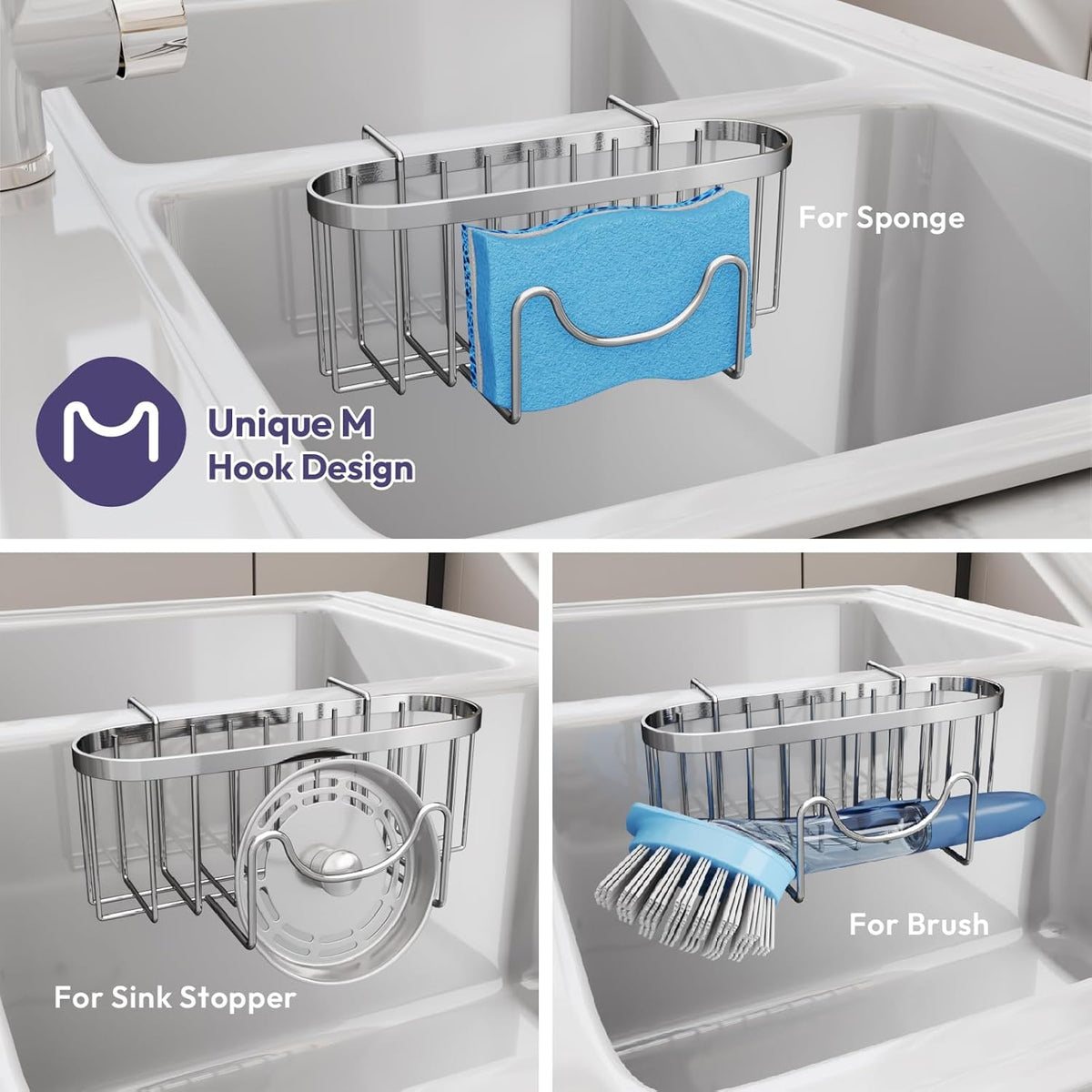 SWTYMIKI Sponge Holder for Kitchen Sink - Movable Kitchen Sink Caddy with M Shape Hook, Stainless Steel Hanging Sponges Caddy Organizer in Double Bowl Sinks Depth>3.15in, Middle Divider<1.5in, Black