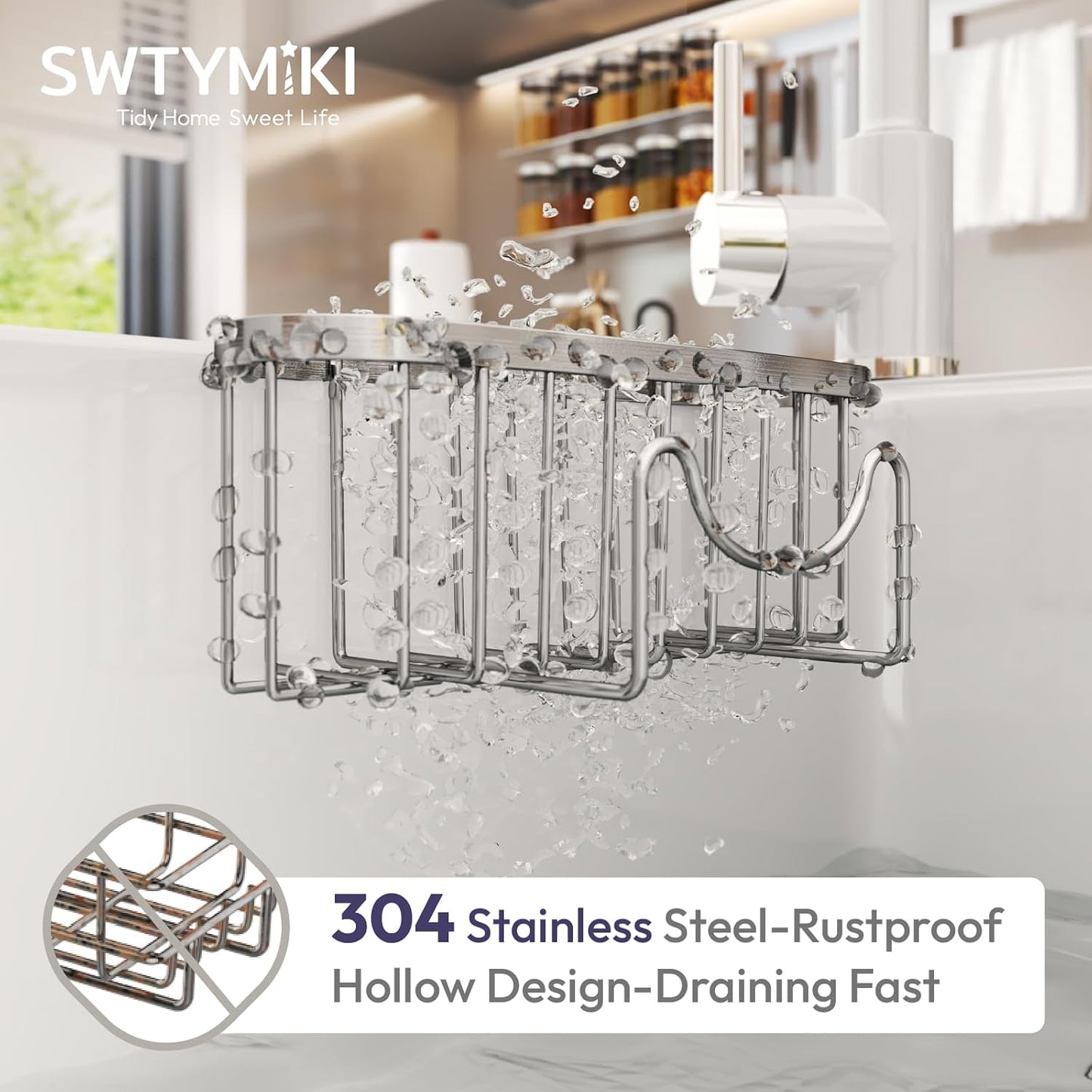 SWTYMIKI Sponge Holder for Kitchen Sink - Movable Kitchen Sink Caddy with M Shape Hook, Stainless Steel Hanging Sponges Caddy Organizer in Double Bowl Sinks Depth>3.15in, Middle Divider<1.5in, Black