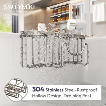 SWTYMIKI Sponge Holder for Kitchen Sink - Movable Kitchen Sink Caddy with M Shape Hook, Stainless Steel Hanging Sponges Caddy Organizer in Double Bowl Sinks Depth>3.15in, Middle Divider<1.5in, Black