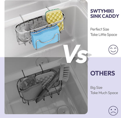 SWTYMIKI Sponge Holder for Kitchen Sink - Movable Kitchen Sink Caddy with M Shape Hook, Stainless Steel Hanging Sponges Caddy Organizer in Double Bowl Sinks Depth>3.15in, Middle Divider<1.5in, Black