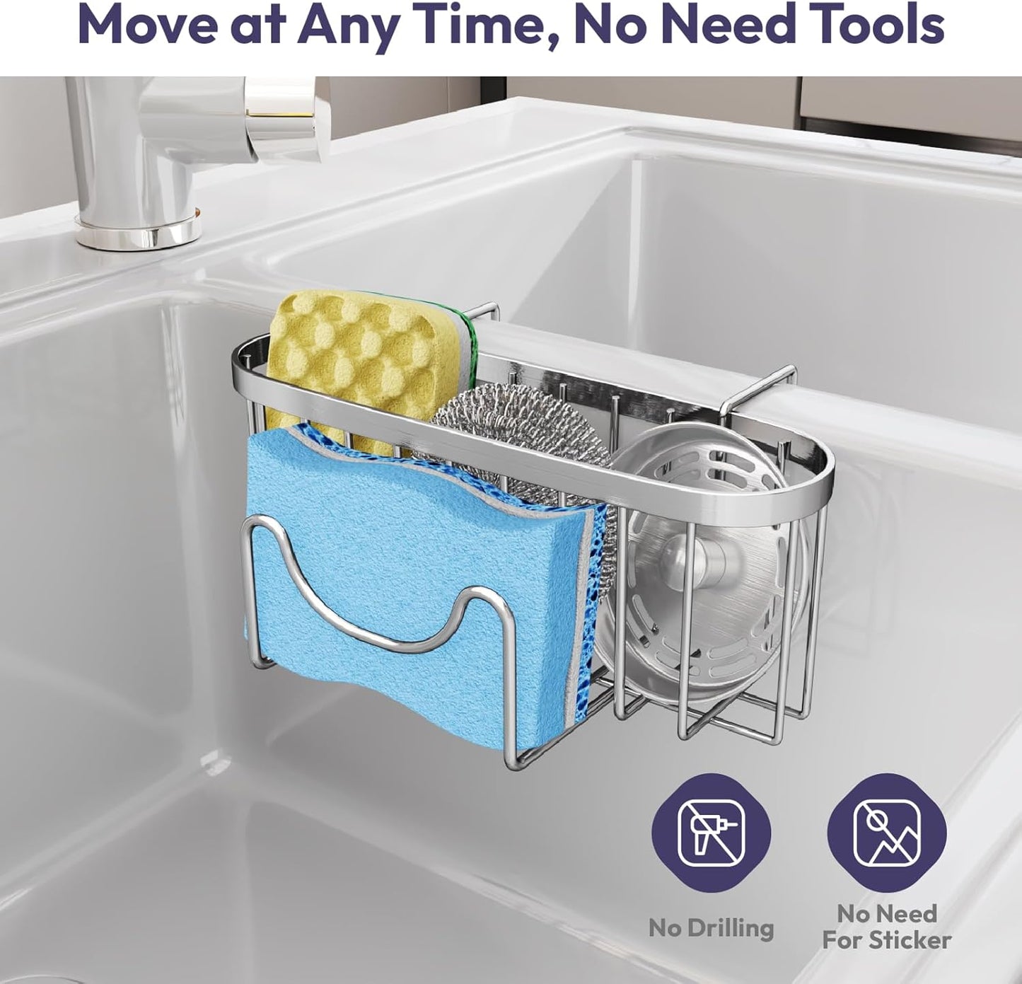 SWTYMIKI Sponge Holder for Kitchen Sink - Movable Kitchen Sink Caddy with M Shape Hook, Stainless Steel Hanging Sponges Caddy Organizer in Double Bowl Sinks Depth>3.15in, Middle Divider<1.5in, Black