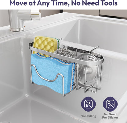 SWTYMIKI Sponge Holder for Kitchen Sink - Movable Kitchen Sink Caddy with M Shape Hook, Stainless Steel Hanging Sponges Caddy Organizer in Double Bowl Sinks Depth>3.15in, Middle Divider<1.5in, Black