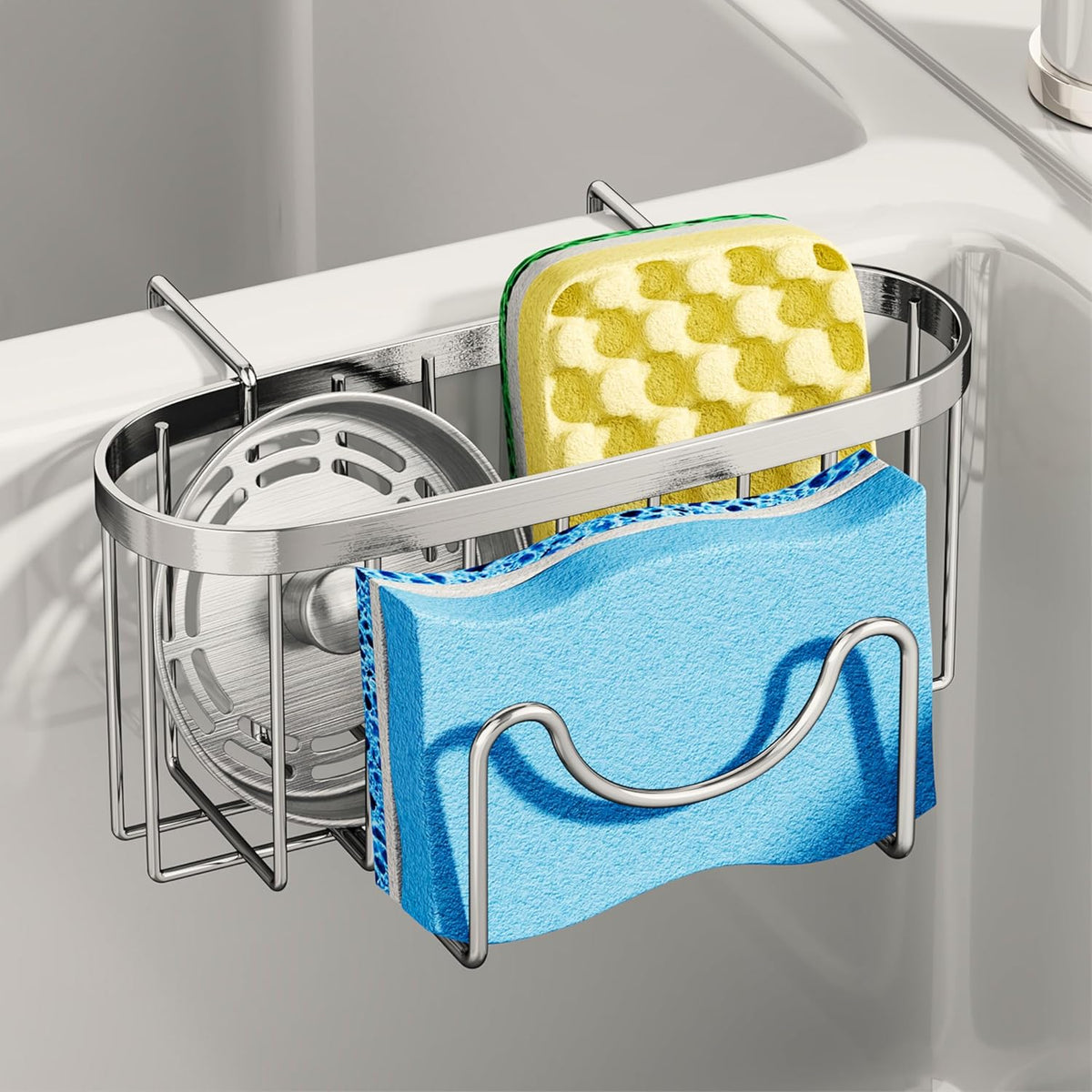 SWTYMIKI Sponge Holder for Kitchen Sink - Movable Kitchen Sink Caddy with M Shape Hook, Stainless Steel Hanging Sponges Caddy Organizer in Double Bowl Sinks Depth>3.15in, Middle Divider<1.5in, Black