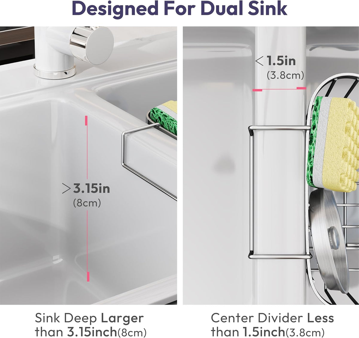 SWTYMIKI Sponge Holder for Kitchen Sink - Movable Kitchen Sink Caddy with M Shape Hook, Stainless Steel Hanging Sponges Caddy Organizer in Double Bowl Sinks Depth>3.15in, Middle Divider<1.5in, Black