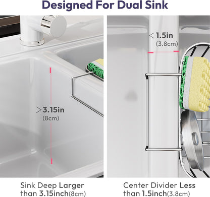 SWTYMIKI Sponge Holder for Kitchen Sink - Movable Kitchen Sink Caddy with M Shape Hook, Stainless Steel Hanging Sponges Caddy Organizer in Double Bowl Sinks Depth>3.15in, Middle Divider<1.5in, Black