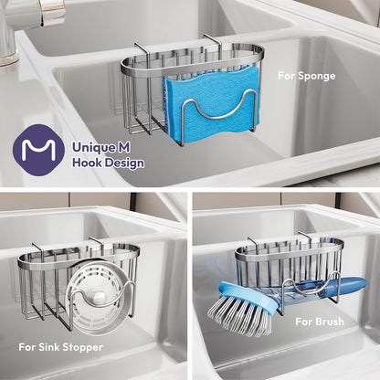 SWTYMIKI Sponge Holder for Kitchen Sink - Movable Kitchen Sink Caddy with M Shape Hook, Stainless Steel Hanging Sponges Caddy Organizer in Double Bowl Sinks Depth>3.15in, Middle Divider<1.5in, Black