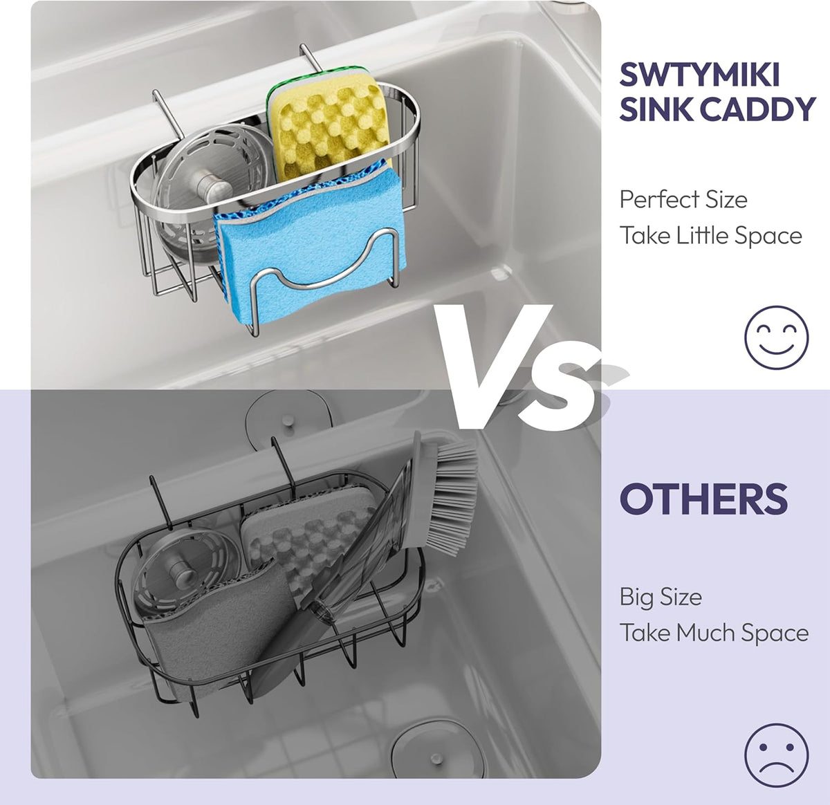 SWTYMIKI Sponge Holder for Kitchen Sink - Movable Kitchen Sink Caddy with M Shape Hook, Stainless Steel Hanging Sponges Caddy Organizer in Double Bowl Sinks Depth>3.15in, Middle Divider<1.5in, Black
