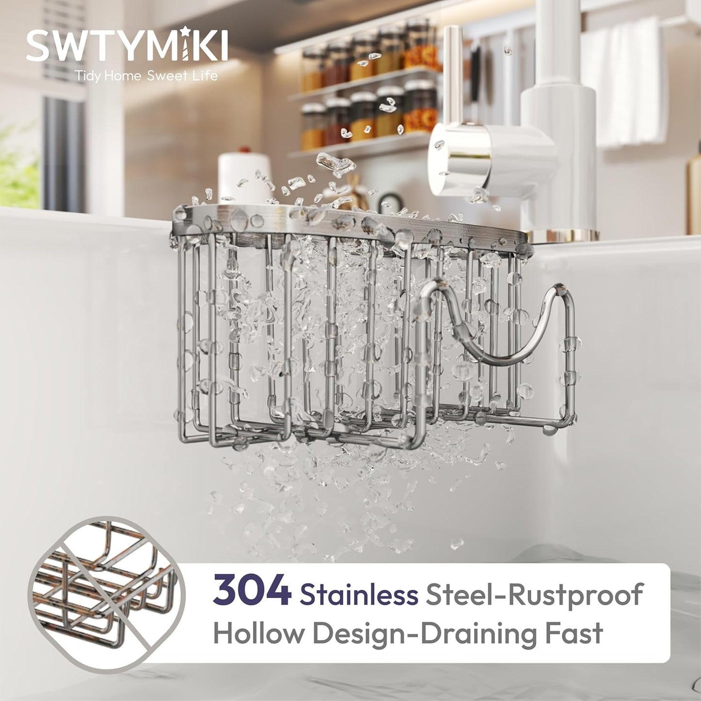 SWTYMIKI Sponge Holder for Kitchen Sink - Movable Kitchen Sink Caddy with M Shape Hook, Stainless Steel Hanging Sponges Caddy Organizer in Double Bowl Sinks Depth>3.15in, Middle Divider<1.5in, Black
