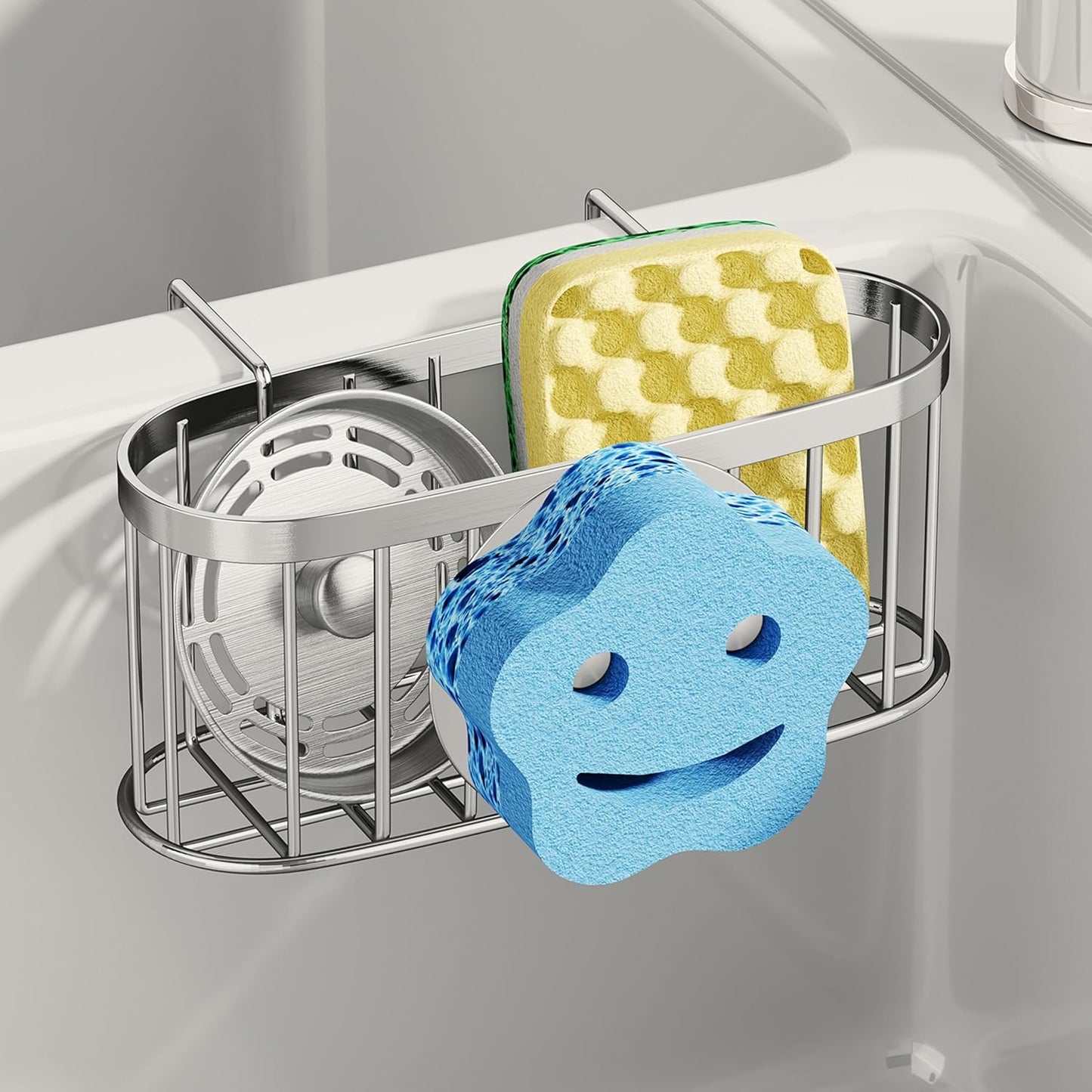 SWTYMIKI Sponge Holder for Kitchen Sink - Movable Kitchen Sink Caddy with M Shape Hook, Stainless Steel Hanging Sponges Caddy Organizer in Double Bowl Sinks Depth>3.15in, Middle Divider<1.5in, Black