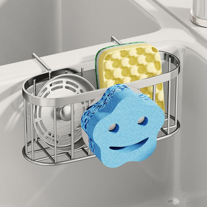 SWTYMIKI Sponge Holder for Kitchen Sink - Movable Kitchen Sink Caddy with M Shape Hook, Stainless Steel Hanging Sponges Caddy Organizer in Double Bowl Sinks Depth>3.15in, Middle Divider<1.5in, Black