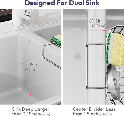 SWTYMIKI Sponge Holder for Kitchen Sink - Movable Kitchen Sink Caddy with M Shape Hook, Stainless Steel Hanging Sponges Caddy Organizer in Double Bowl Sinks Depth>3.15in, Middle Divider<1.5in, Black