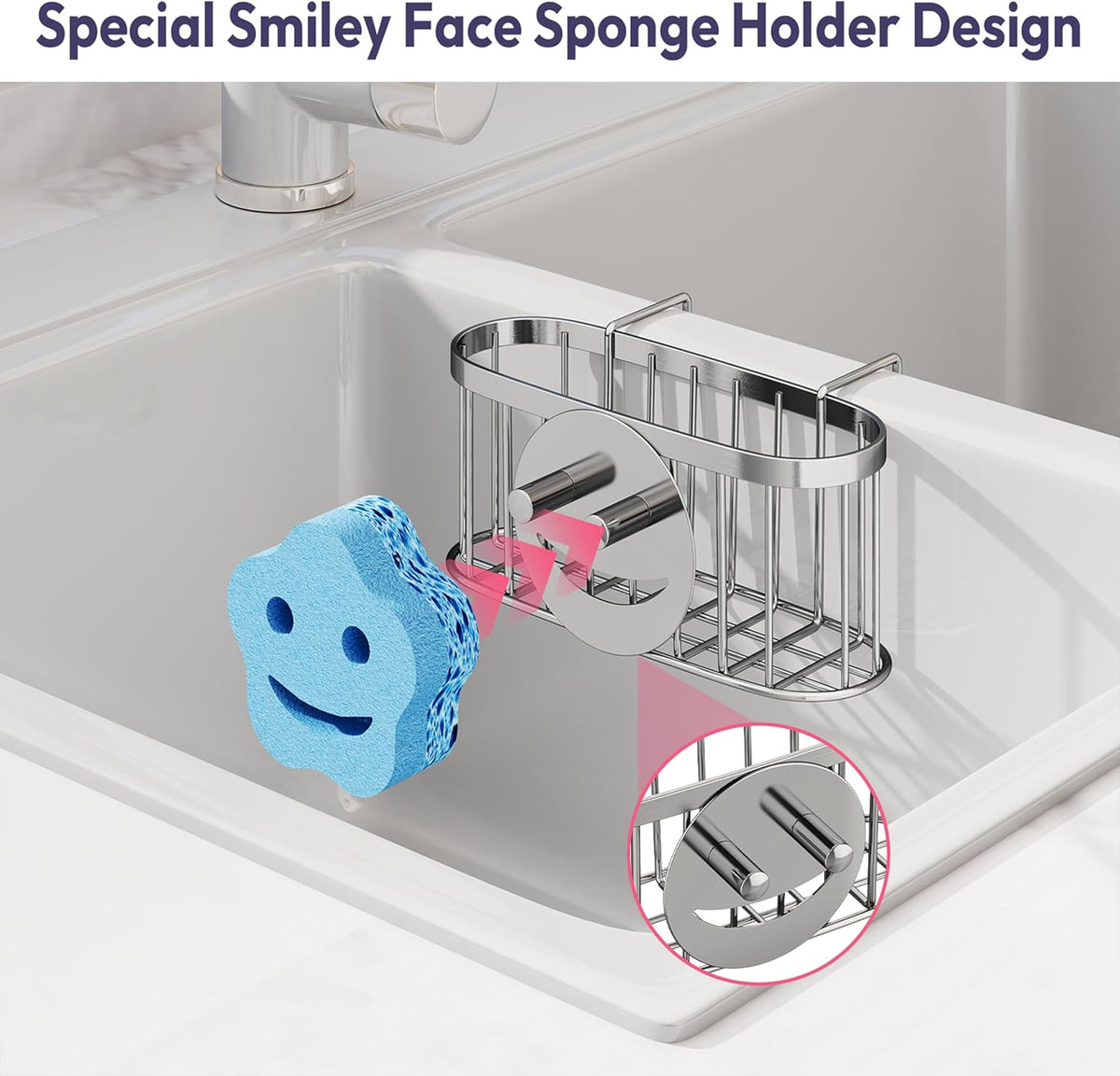 SWTYMIKI Sponge Holder for Kitchen Sink - Movable Kitchen Sink Caddy with M Shape Hook, Stainless Steel Hanging Sponges Caddy Organizer in Double Bowl Sinks Depth>3.15in, Middle Divider<1.5in, Black