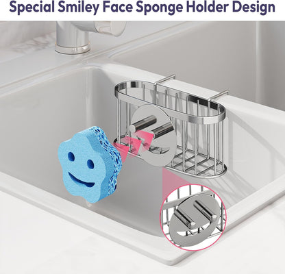 SWTYMIKI Sponge Holder for Kitchen Sink - Movable Kitchen Sink Caddy with M Shape Hook, Stainless Steel Hanging Sponges Caddy Organizer in Double Bowl Sinks Depth>3.15in, Middle Divider<1.5in, Black