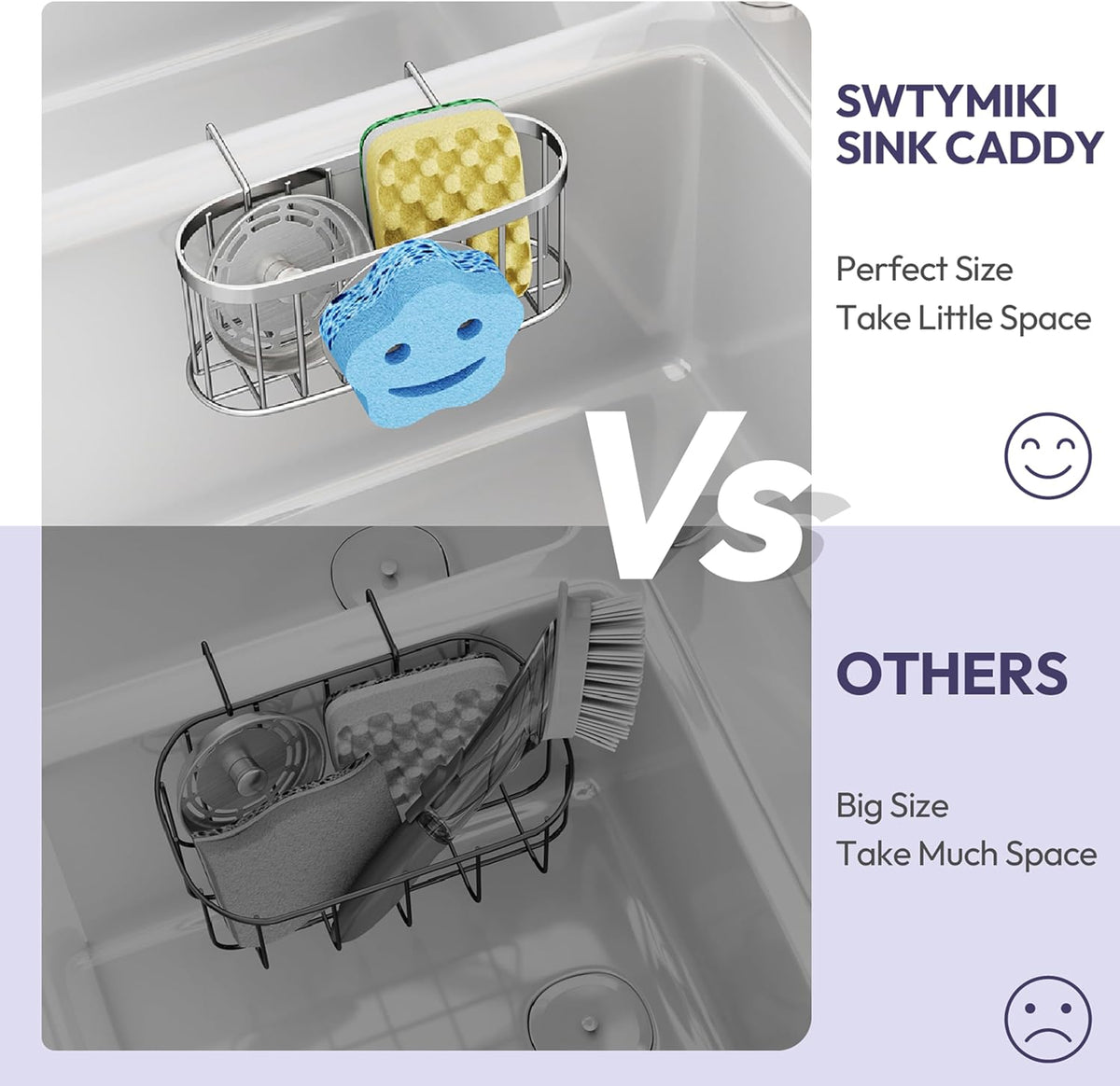 SWTYMIKI Sponge Holder for Kitchen Sink - Movable Kitchen Sink Caddy with M Shape Hook, Stainless Steel Hanging Sponges Caddy Organizer in Double Bowl Sinks Depth>3.15in, Middle Divider<1.5in, Black