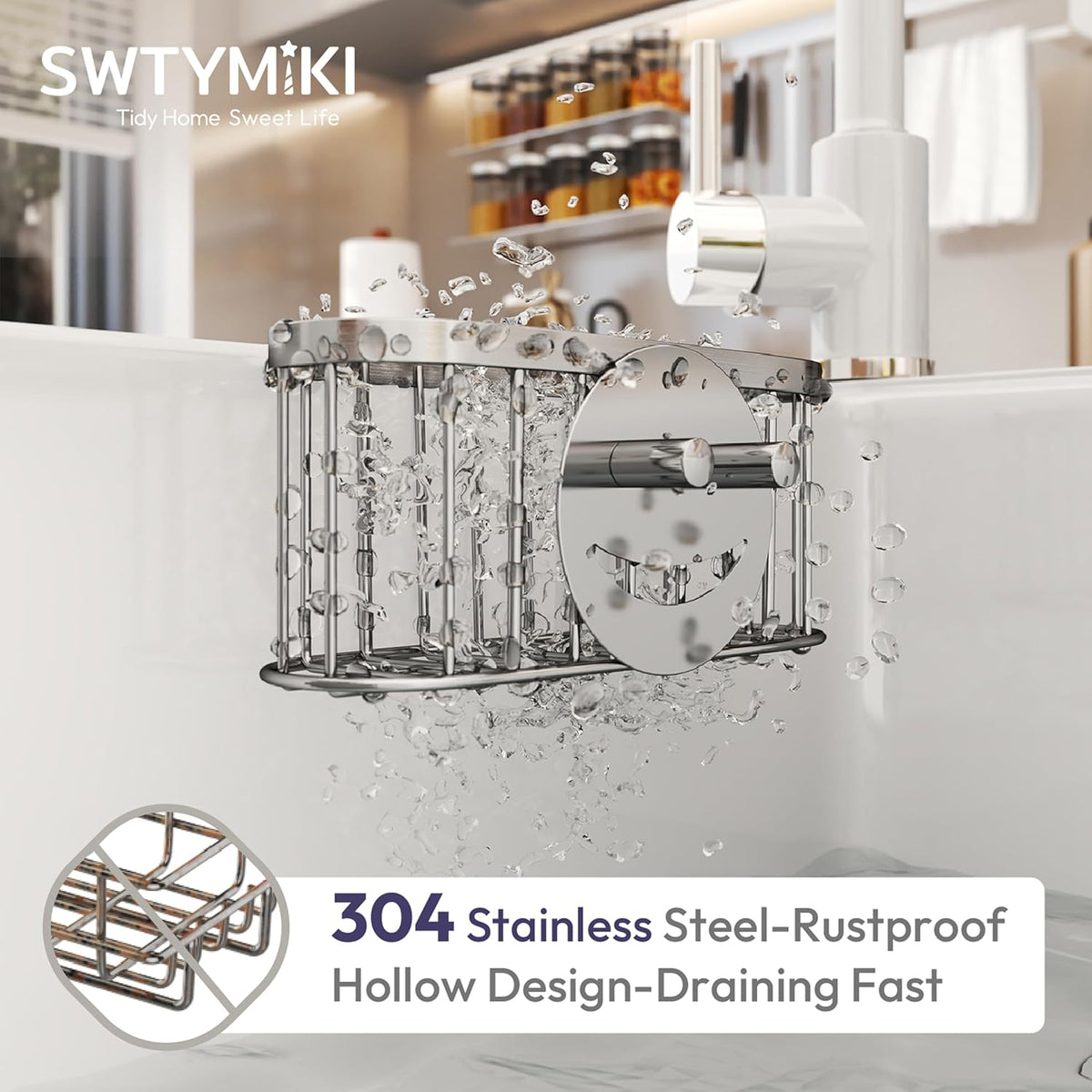 SWTYMIKI Sponge Holder for Kitchen Sink - Movable Kitchen Sink Caddy with M Shape Hook, Stainless Steel Hanging Sponges Caddy Organizer in Double Bowl Sinks Depth>3.15in, Middle Divider<1.5in, Black