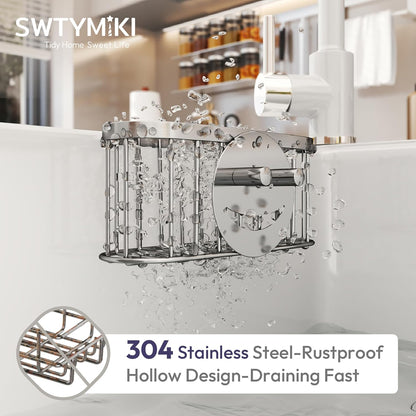 SWTYMIKI Sponge Holder for Kitchen Sink - Movable Kitchen Sink Caddy with M Shape Hook, Stainless Steel Hanging Sponges Caddy Organizer in Double Bowl Sinks Depth>3.15in, Middle Divider<1.5in, Black