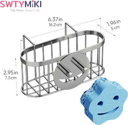 SWTYMIKI Sponge Holder for Kitchen Sink - Movable Kitchen Sink Caddy with M Shape Hook, Stainless Steel Hanging Sponges Caddy Organizer in Double Bowl Sinks Depth>3.15in, Middle Divider<1.5in, Black