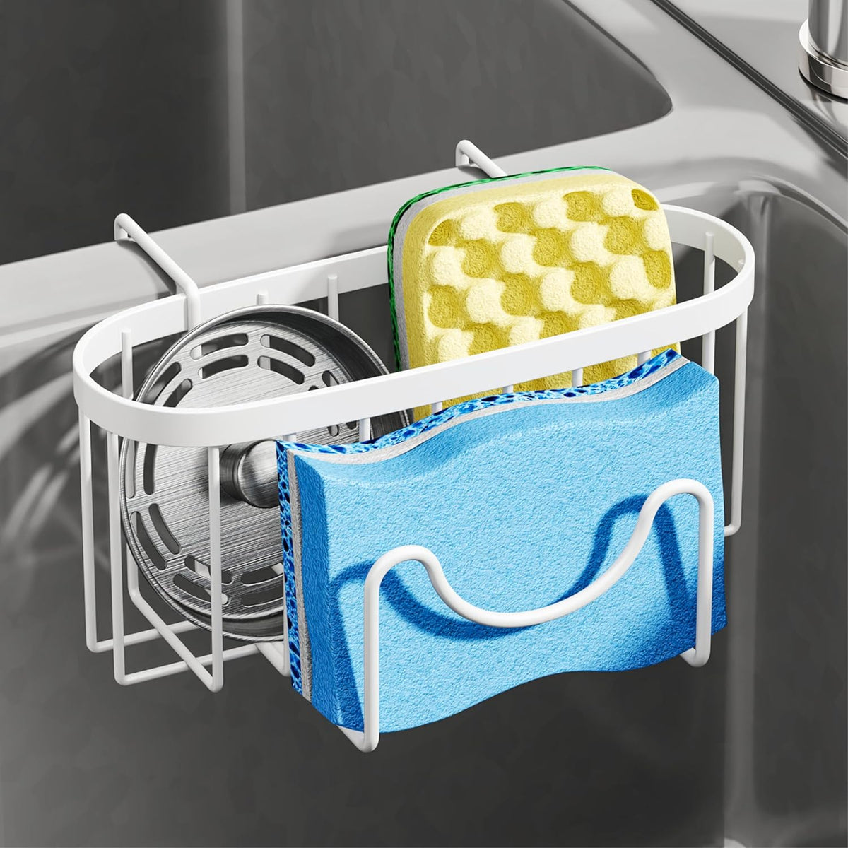 SWTYMIKI Sponge Holder for Kitchen Sink - Movable Kitchen Sink Caddy with M Shape Hook, Stainless Steel Hanging Sponges Caddy Organizer in Double Bowl Sinks Depth>3.15in, Middle Divider<1.5in, Black