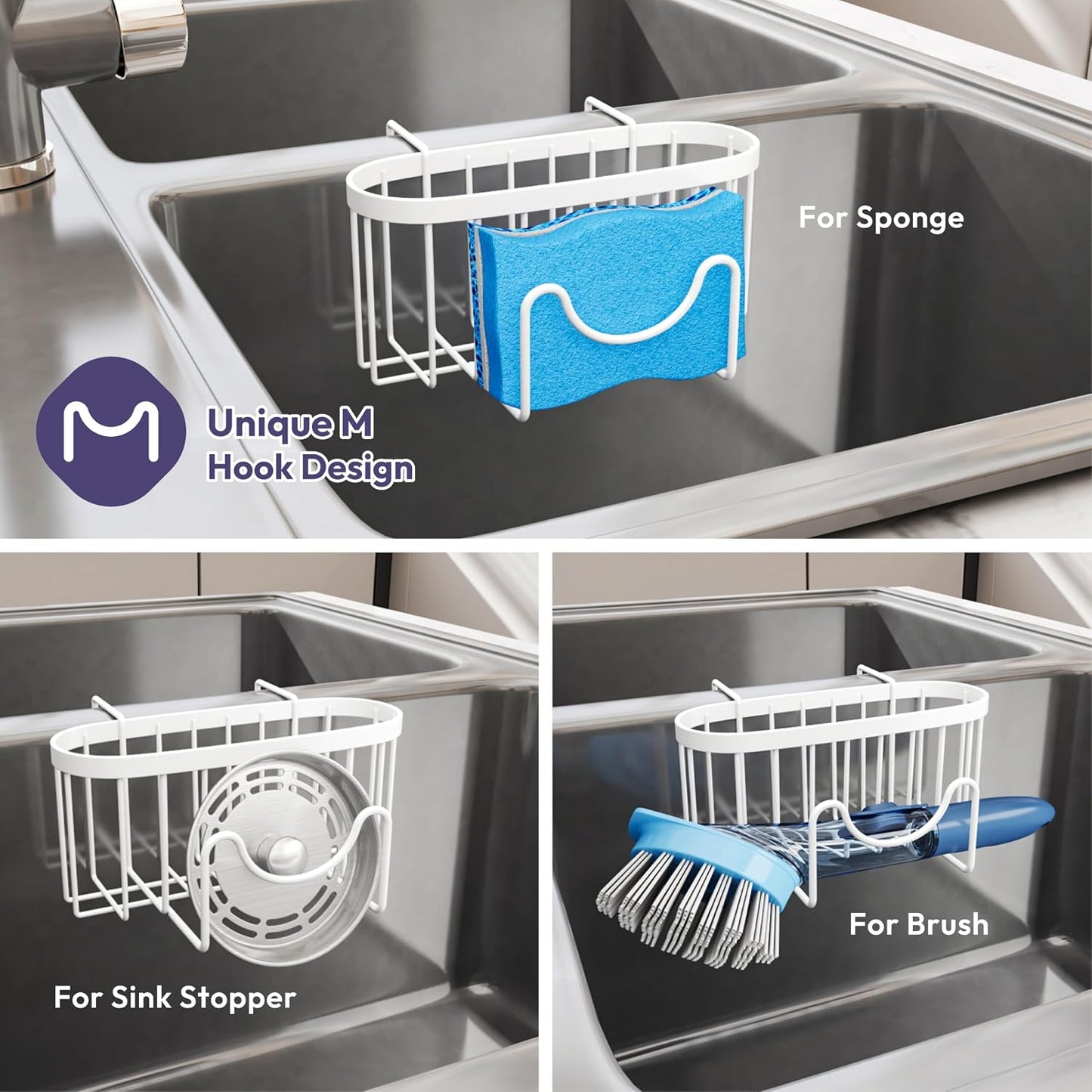 SWTYMIKI Sponge Holder for Kitchen Sink - Movable Kitchen Sink Caddy with M Shape Hook, Stainless Steel Hanging Sponges Caddy Organizer in Double Bowl Sinks Depth>3.15in, Middle Divider<1.5in, Black