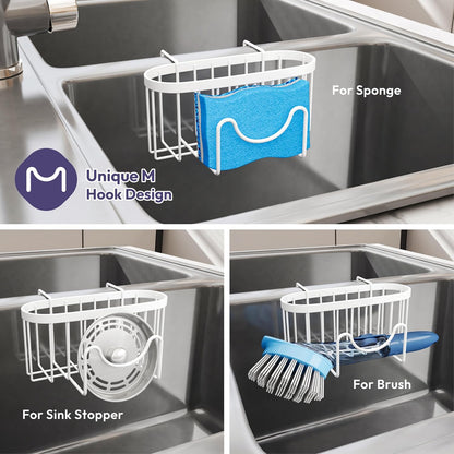 SWTYMIKI Sponge Holder for Kitchen Sink - Movable Kitchen Sink Caddy with M Shape Hook, Stainless Steel Hanging Sponges Caddy Organizer in Double Bowl Sinks Depth>3.15in, Middle Divider<1.5in, Black