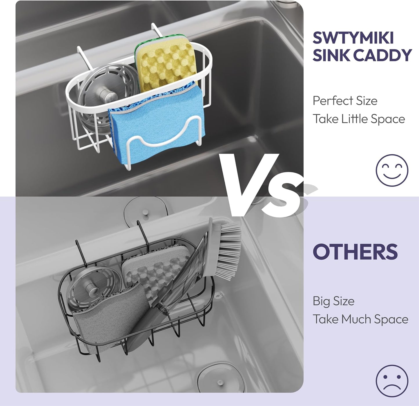 SWTYMIKI Sponge Holder for Kitchen Sink - Movable Kitchen Sink Caddy with M Shape Hook, Stainless Steel Hanging Sponges Caddy Organizer in Double Bowl Sinks Depth>3.15in, Middle Divider<1.5in, Black