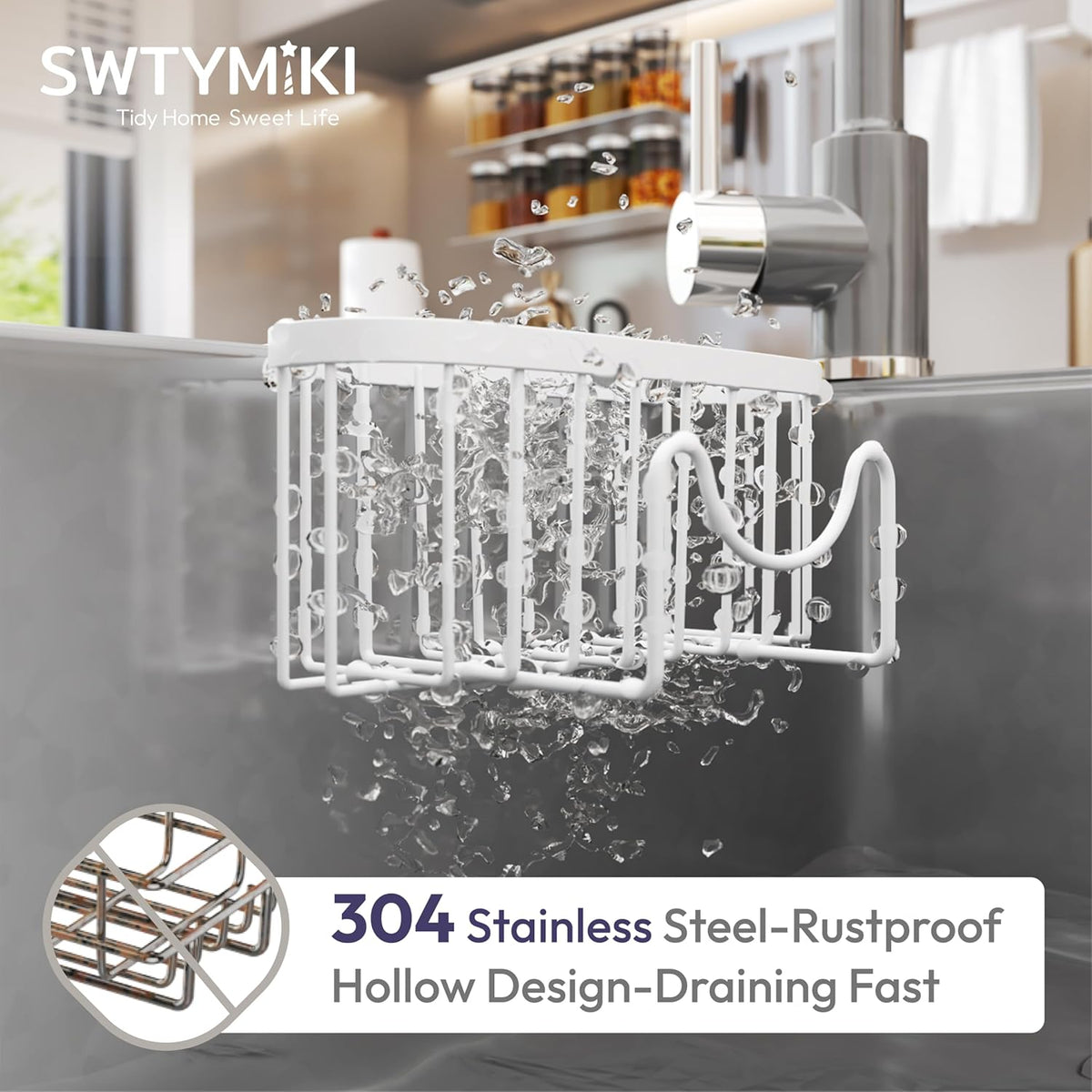 SWTYMIKI Sponge Holder for Kitchen Sink - Movable Kitchen Sink Caddy with M Shape Hook, Stainless Steel Hanging Sponges Caddy Organizer in Double Bowl Sinks Depth>3.15in, Middle Divider<1.5in, Black