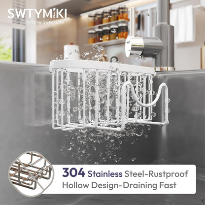 SWTYMIKI Sponge Holder for Kitchen Sink - Movable Kitchen Sink Caddy with M Shape Hook, Stainless Steel Hanging Sponges Caddy Organizer in Double Bowl Sinks Depth>3.15in, Middle Divider<1.5in, Black